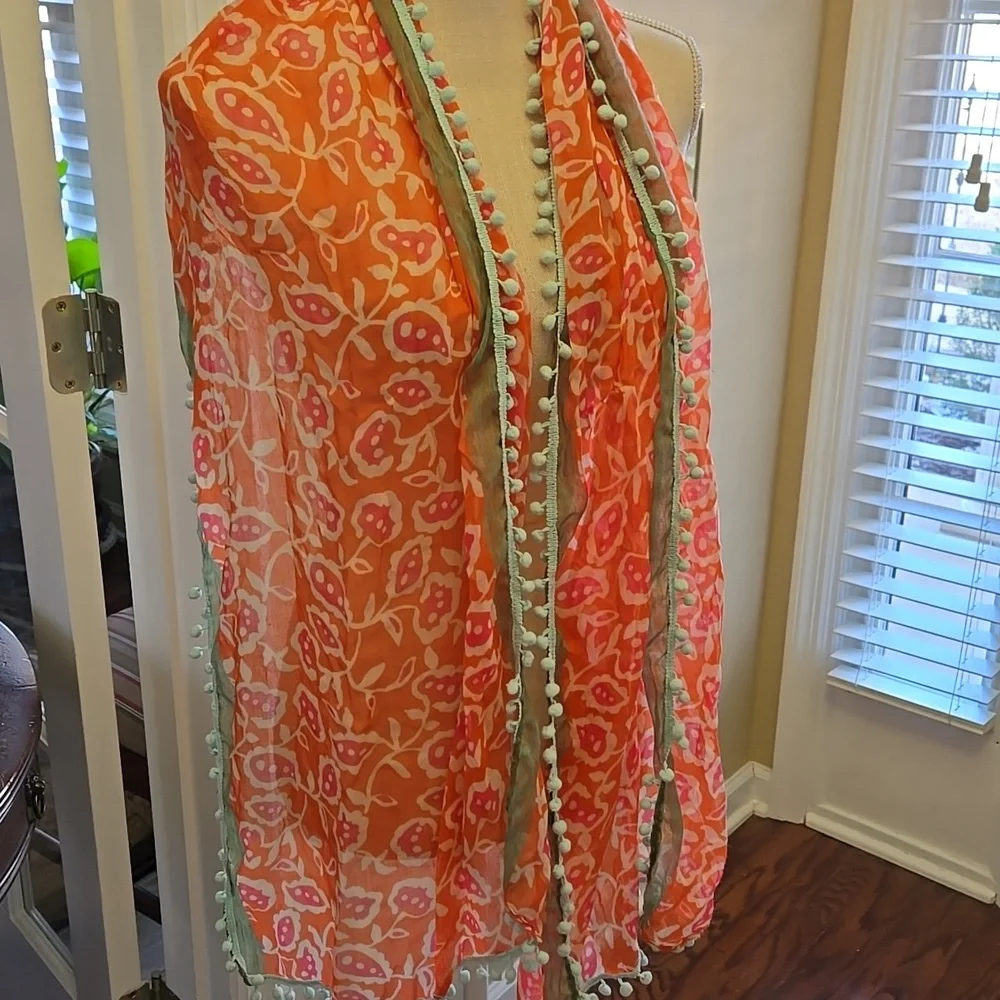 Candies Orange Pink Mint Sage Green Aqua Floral Scarf pompoms 68x18